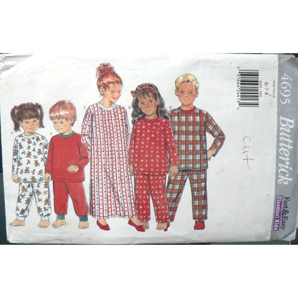 Vintage Butterick Sewing Pattern 4695 Children's Pajamas Pants Top Gown Size 6-8